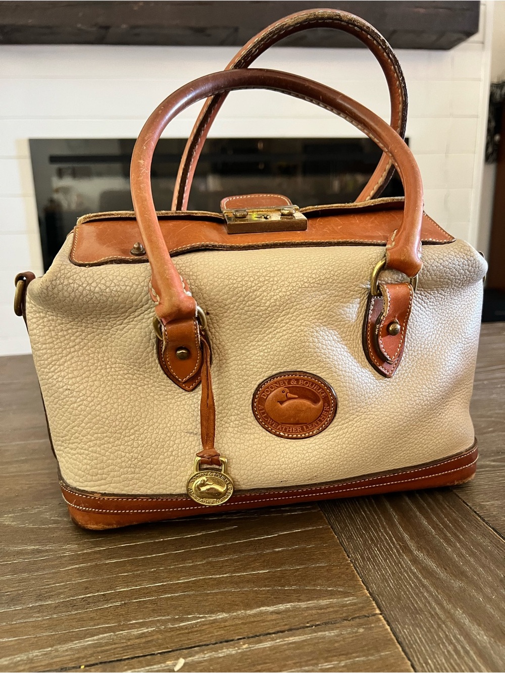 Dooney & Bourke Cream and Brown Leather Satchel with Gold Hardware